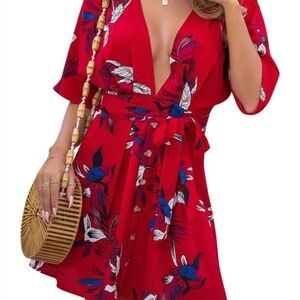 Women’s Floral Printed Deep V-Neck Open Back Mini Dress – Size Large